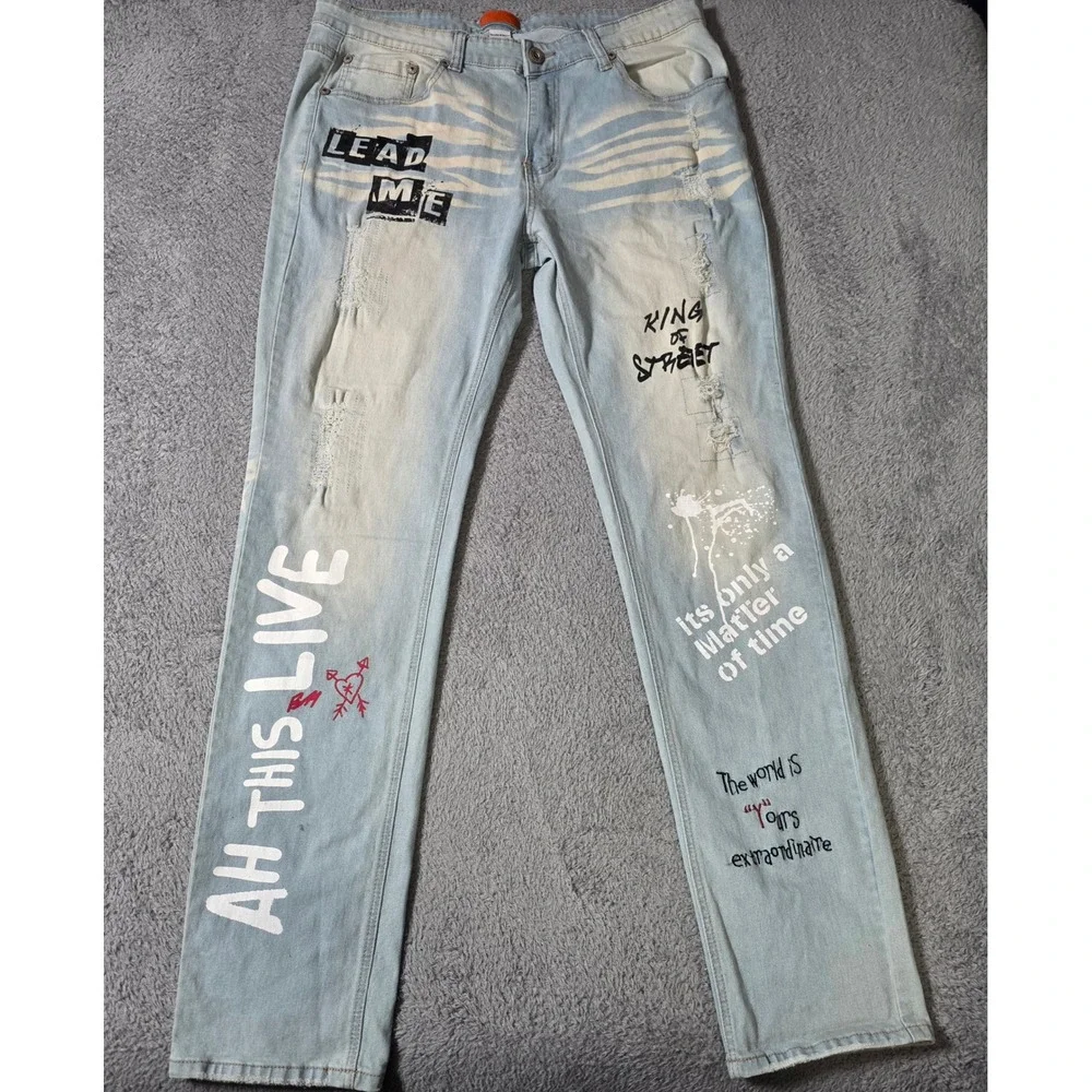 Bleecker & Mercer Mens 36x34 Slim Fit Jeans Light Blue Graphic Distressed Urban